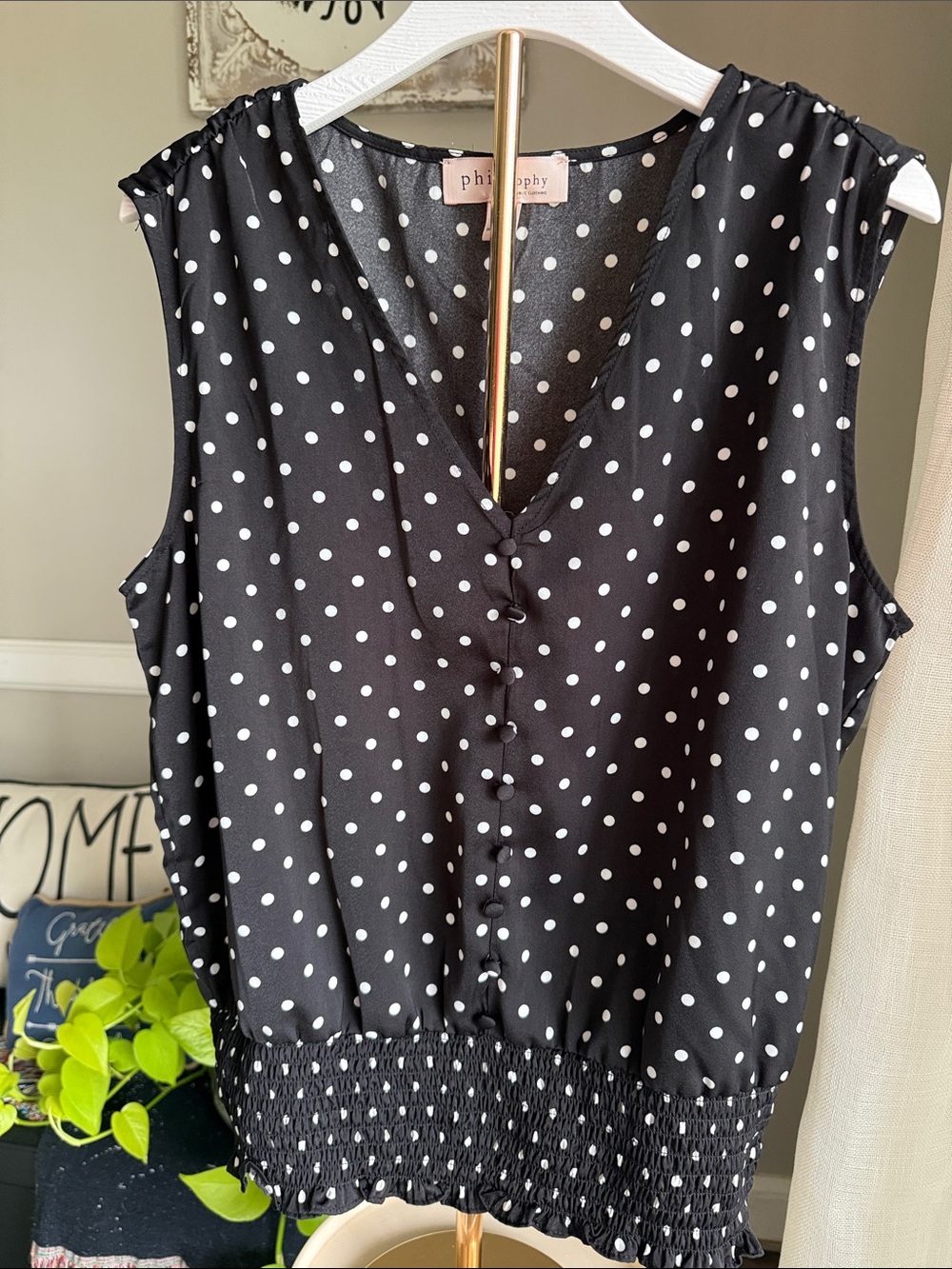 Philosophy Black and White Polka Dot Sleeveless V-Neck Blouse